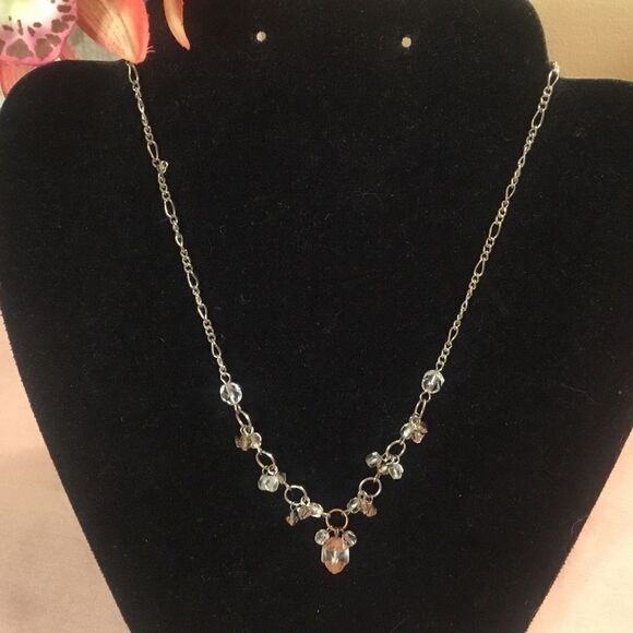 Clear and Pink Crystal Silvertone Necklace - Picture 1 of 4